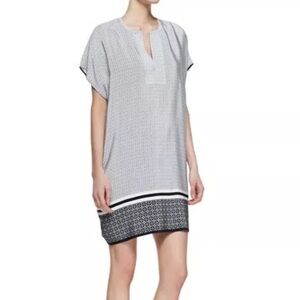 VINCE Black/White Printed 100% Silk Split Neck Tunic Dress Size M